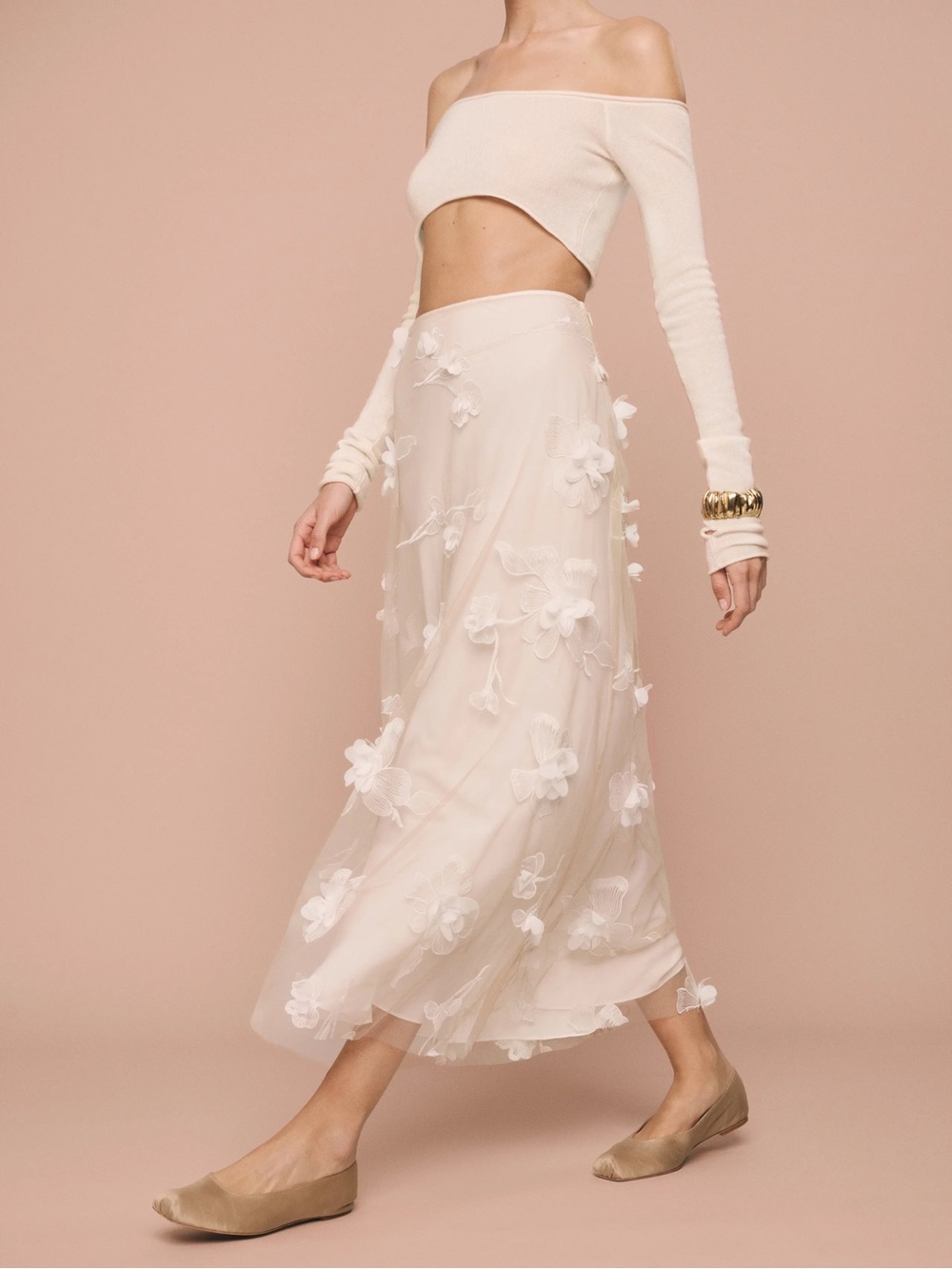 Reformation Gabriella Cream 3D Floral Midi Skirt